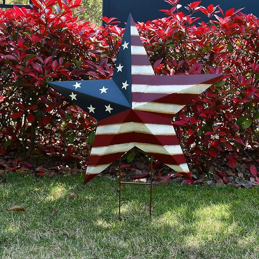 Linfevisi American Flag Star Yard Signs 27.5 Inch Metal Patriotic Barn Stars Garden Stakes US Flag Outdoor 4th of July Decorations Memorial Day Yard Art Lawn Ornaments Patio for Outside