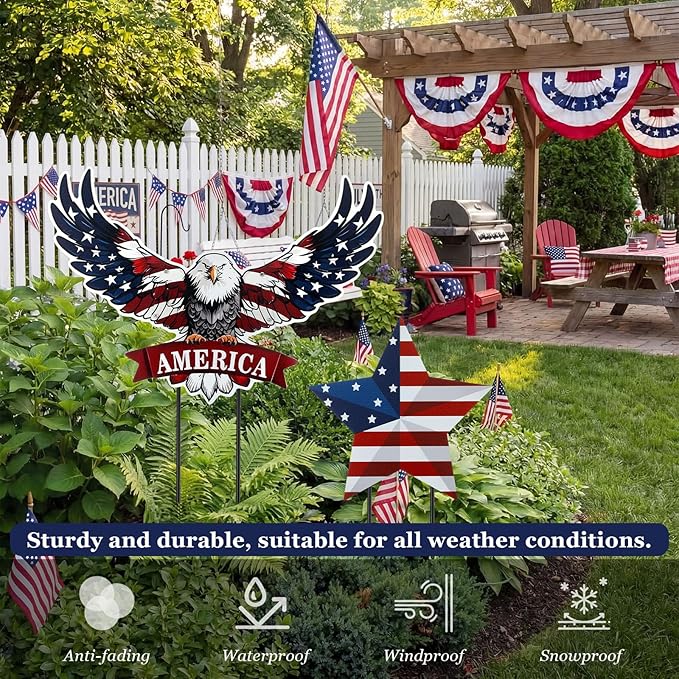 Silkfly 2pcs 4th of July Metal Decorations for Outdoor Patriotic Memorial Day Garden Yard Sign 250th Eagle Metal Blue Red Star Art Decor Outside Americana Garden Stake for Lawn Independence Day Gifts
