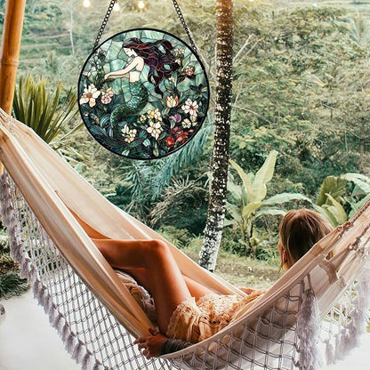 Stained Glass Window Hanging - Teal Sleeping Mermaid Suncatcher for Door Terrace Garden Home Decor, Sea of Flowers Sun Catcher Birthday Gifts for Lovers Women Men Dad Mom Nana 15 in