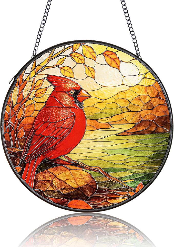 Cardinal Suncatcher for Windows Hanging - 6.3" Stained Glass Memorial Day Decorations - Round Red Bird Decor, Sympathy Gifts for Loss of Loved One, Remembrance Keepsake for Home & Garden