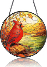 Cardinal Suncatcher for Windows Hanging - 6.3" Stained Glass Memorial Day Decorations - Round Red Bird Decor, Sympathy Gifts for Loss of Loved One, Remembrance Keepsake for Home & Garden