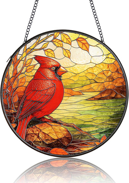 Cardinal Suncatcher for Windows Hanging - 6.3" Stained Glass Memorial Day Decorations - Round Red Bird Decor, Sympathy Gifts for Loss of Loved One, Remembrance Keepsake for Home & Garden