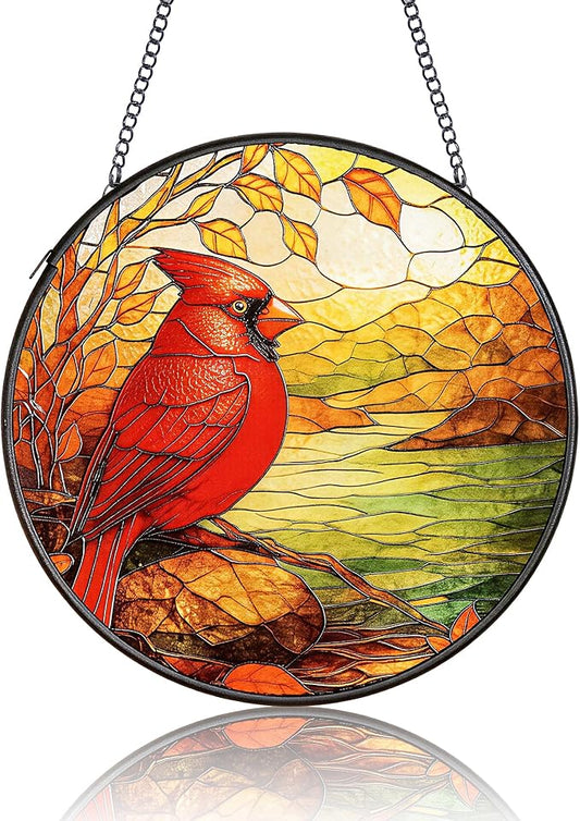 Cardinal Suncatcher for Windows Hanging - 6.3" Stained Glass Memorial Day Decorations - Round Red Bird Decor, Sympathy Gifts for Loss of Loved One, Remembrance Keepsake for Home & Garden