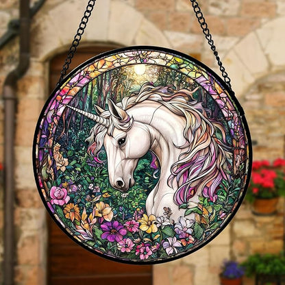 DASTOLL Stained Glass Window Hanging, Unicorn Flowers Suncatcher for Doors Home Sun Catchers Decoration and Christmas, Mother's Day Birthday Gifts for Women, Men, and Mom 6.3 in