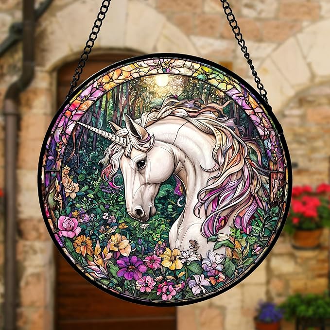 DASTOLL Stained Glass Window Hanging, Unicorn Flowers Suncatcher for Doors Home Sun Catchers Decoration and Christmas, Mother's Day Birthday Gifts for Women, Men, and Mom 7.8 in