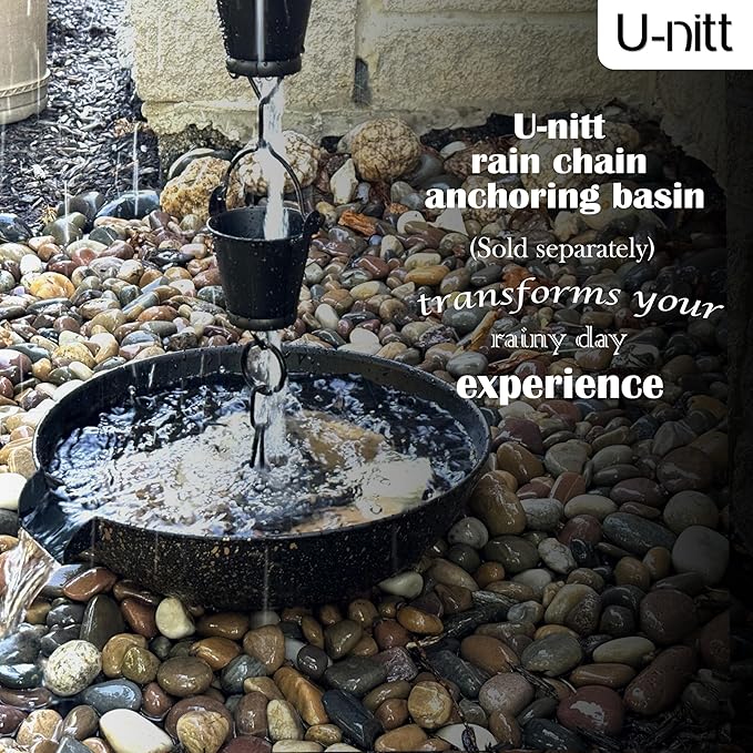 U-nitt Rain Chain Water Collection for Gutters Rainwater Catcher & Diverter, 8.5 FT Chains for Outside Garden, Black Bucket Cups, Roof Downspout, Works with Heavy Rain, w/Gutter Clip for Rainchains
