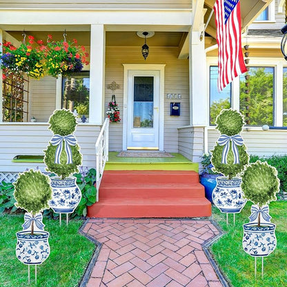 Lounsweer 4 Pcs Easter Chinoiserie Garden Stakes Decorations Hello Spring Blue and White Yard Signs Front Door Porch Decor for Farmhouse for Courtyard Patio Spring Lawn Holiday Outdoor Display