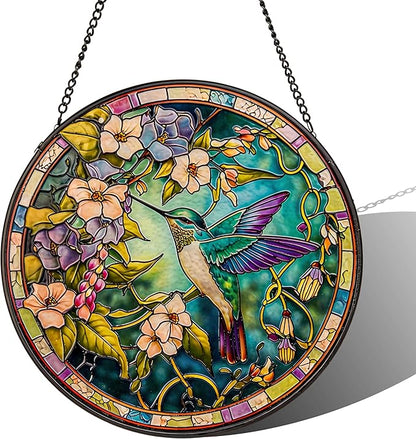 Stained Glass Sun Catcher,Fly HummingbirdStained Glass Window Hanging Garden Decor,Sun Catchers Indoor Window,Whimsical Decoration for Home Backyard Patio Lawn Porch with 9.8 INCH