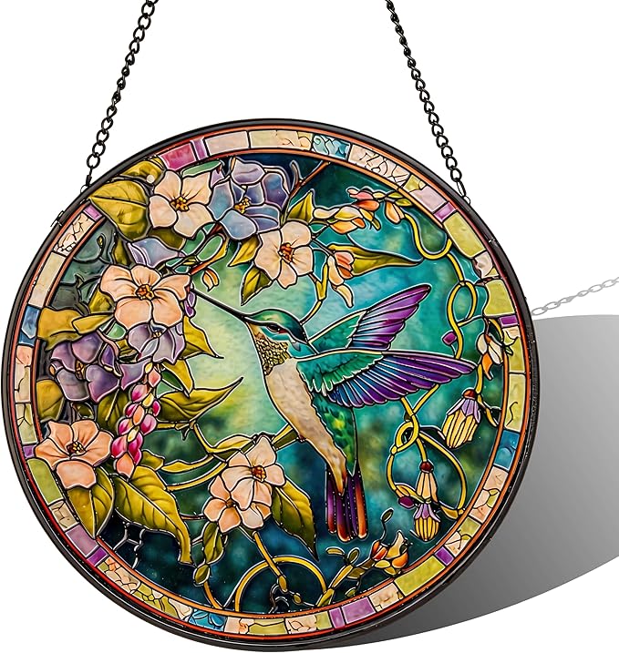 Stained Glass Sun Catcher,Fly HummingbirdStained Glass Window Hanging Garden Decor,Sun Catchers Indoor Window,Whimsical Decoration for Home Backyard Patio Lawn Porch with 6.3 INCH