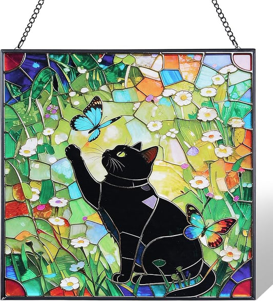Cat Stained Glass Window Hanging, 7.9" Square Suncatcher with Chain Suction Cup, Cute Kitten Sun Catchers Indoor Window, Colorful Cat Decor for Wall, Porch, Birthday, Sleek Black Cat