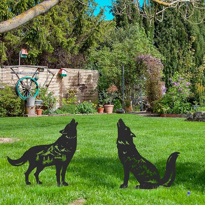 Wolf Garden Stakes Decorations - 2 Pcs Metal Howling Animals Silhouette Outdoor Statues Black Decorative Yard Sculpture Gifts Art Personalized Outside Decors for Patios Lawn Pathway Backyard