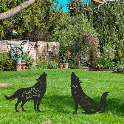 Wolf Garden Stakes Decorations - 2 Pcs Metal Howling Animals Silhouette Outdoor Statues Black Decorative Yard Sculpture Gifts Art Personalized Outside Decors for Patios Lawn Pathway Backyard
