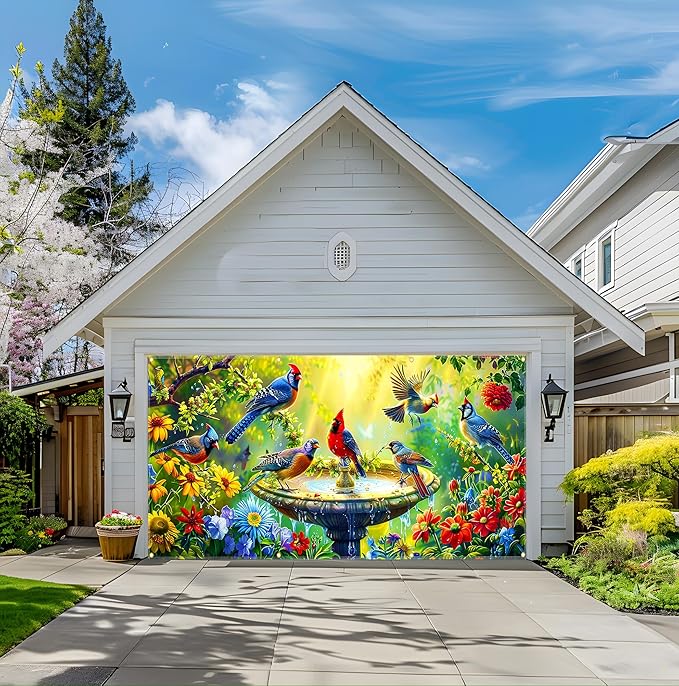 Garage door banner 157.5x70.9 inches large garage door cover outdoor spring garden decoration with bird pattern, garage door decoration with eyelets and rope, suitable for house exterior walls.