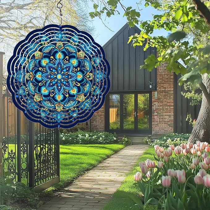 Wind Spinners Outdoor, Hanging Wind Spinner for Garden Decoration, 8 inch 3D Stainless Steel Metal Wind Sculpture for Indoor/Outdoor Decor, Mandala Blue