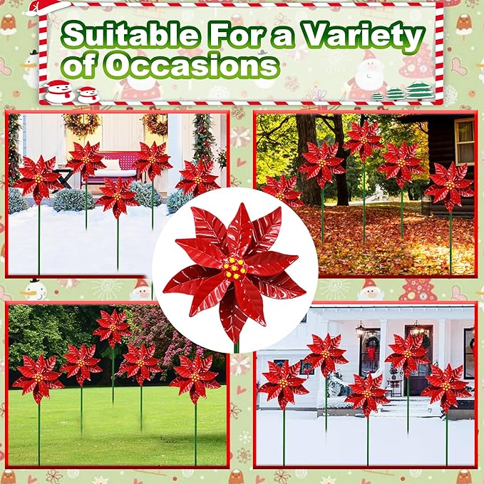 Metal Flower Wind Spinner Garden Lawn Stakes Yard Art, 27 Inch Poinsettia Windmill Iron Handicraft Lawn Decorations, 5 Pieces Christmas Star Stake, Metal Yard Art Outdoor Mother's Day Decoration Gift