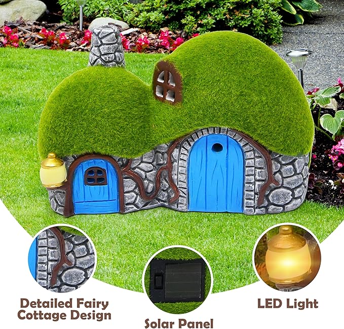 Gift Boutique Outdoor Garden House Statue with LED Lights Fairy Garden Decor Resin Cottage Figurine Yard Lawn Porch Pathway Ornament Outdoor Figurines