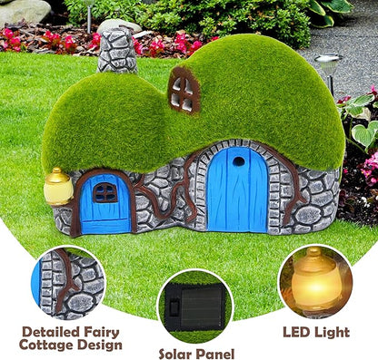 Gift Boutique Outdoor Garden House Statue with LED Lights Fairy Garden Decor Resin Cottage Figurine Yard Lawn Porch Pathway Ornament Outdoor Figurines