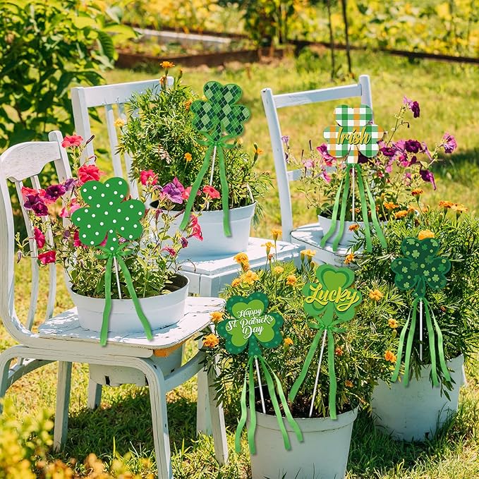 Cinrobiye 6 Pcs Metal St.Patrick's Day Planter Stakes Irish Table Centerpiece Lucky Shamrock Garden Stake Outdoor Lawn for St.Paddy's Day Garden Greetings Home Farmhouse Decor (Shamrock)