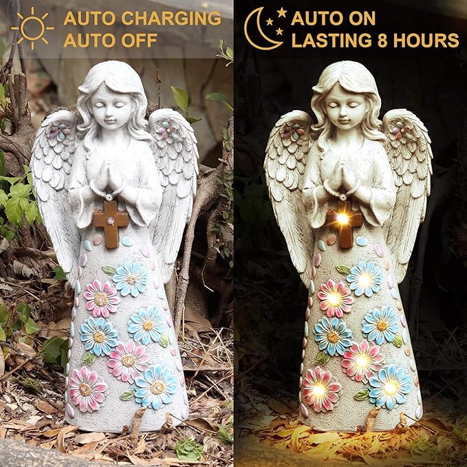 Voveexy Angel Garden Statue Outdoor Figurine, Solar Powered Garden Sculpture with 6 LEDs Resin Praying Angel Decor for Patio Lawn Yard Porch Decoration Christmas Birthday Housewarming Present 13.2” H