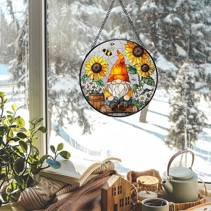 Sunflower Gnome Stained Glass Window Hanging Suncatchers, Rustic Cottage Sunflower Bee Sun Catchers Indoor Window Glass Wall Art Decor, Daisy Garden Wall Hanging Decor Sculptures, 7.9x7.9in