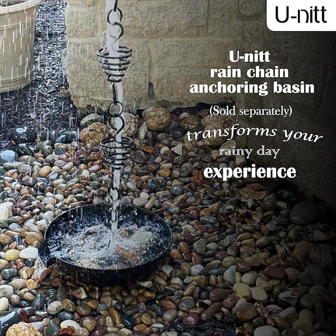 U-nitt Rain Chain Water Collection for Gutters Rainwater Catcher & Diverter, 8.5 FT Chains for Outside Garden, Black Bird Nest Cups, Roof Downspout, Works with Heavy Rain, Gutter Clip for Rainchains