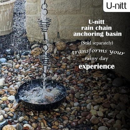 U-nitt Rain Chain Water Collection for Gutters Rainwater Catcher & Diverter, 8.5 FT Chains for Outside Garden, Black Bird Nest Cups, Roof Downspout, Works with Heavy Rain, Gutter Clip for Rainchains
