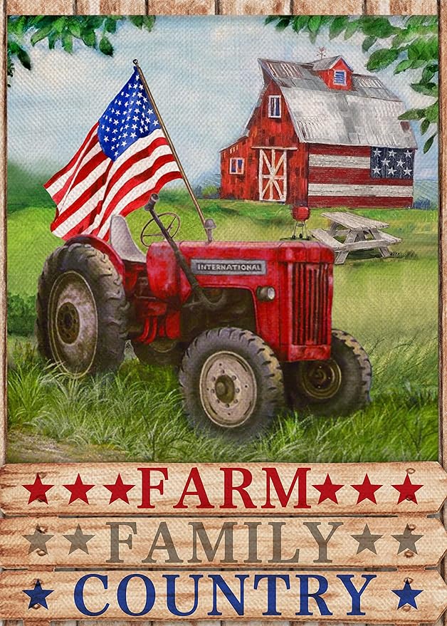 Furiaz Farm Family Country Barn Tractor July 4th American Patriotic Garden Flag, USA America Memorial Day Yard Decorative Home Outside Decoration, Spring Summer Farmhouse Outdoor Small Decor 12x18