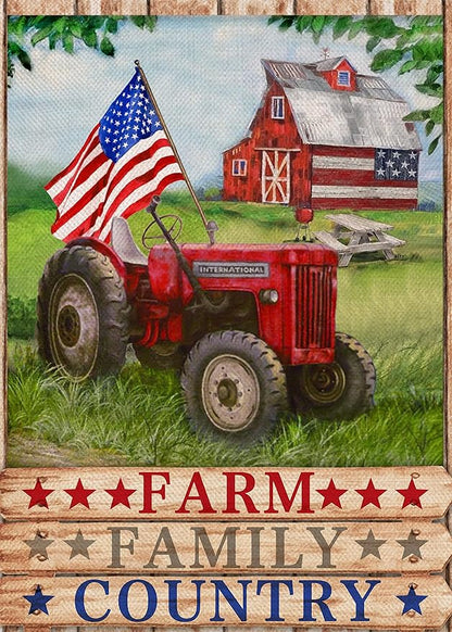 Furiaz Farm Family Country Barn Tractor July 4th American Patriotic Garden Flag, USA America Memorial Day Yard Decorative Home Outside Decoration, Spring Summer Farmhouse Outdoor Small Decor 12x18