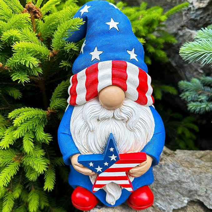 Mood Lab Garden Gnome - USA Patriotic Gnome Figurine - 9 Inch Tall Lawn Statue - for Outdoor or House Decor