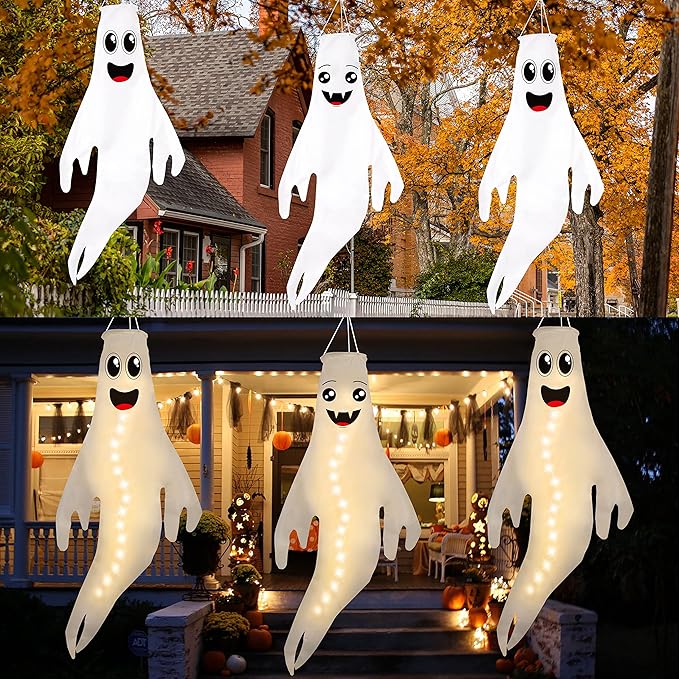 3PCS 43 Inch Halloween Lighted Hanging Ghost Windsocks Hanging Decorations for Tree, Fall LED Flag Wind Socks for Home Yard Outdoor Autumn Decor Party Supplies (Batteries Not Included,No Timer)
