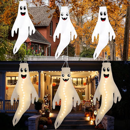 3PCS 43 Inch Halloween Lighted Hanging Ghost Windsocks Hanging Decorations for Tree, Fall LED Flag Wind Socks for Home Yard Outdoor Autumn Decor Party Supplies (Batteries Not Included,No Timer)