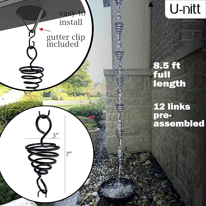 U-nitt Rain Chain Water Collection for Gutters Rainwater Catcher & Diverter, 8.5 FT Chains for Outside Garden, Black Bird Nest Cups, Roof Downspout, Works with Heavy Rain, Gutter Clip for Rainchains