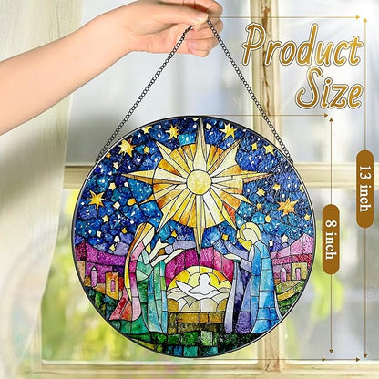 8'' Stained Glass Window Hanging, Nativity Scene Christmas Ornament, Christian Ornament, Sun Catcher Window Decor, Religious Holiday Decor, Gifts for Christmas, Religious Gift, Christian Gift