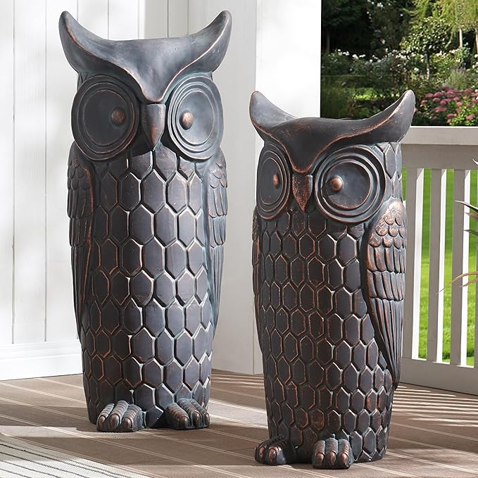 Wallowa Large Outdoor and Indoor Statue, 40"-32" inches Garden Sculptures & Statues, Faux Stone Owl Sculpture Set of 2, Garden Decoration, Large Free Standing Statue for Living Room, Porch, Backyard