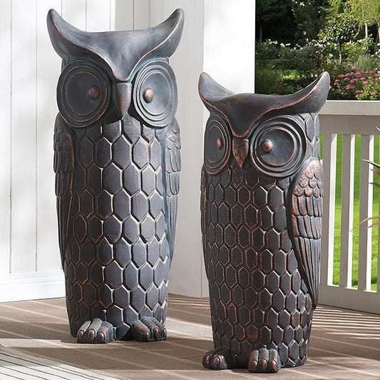 Wallowa Large Outdoor and Indoor Statue, 40"-32" inches Garden Sculptures & Statues, Faux Stone Owl Sculpture Set of 2, Garden Decoration, Large Free Standing Statue for Living Room, Porch, Backyard