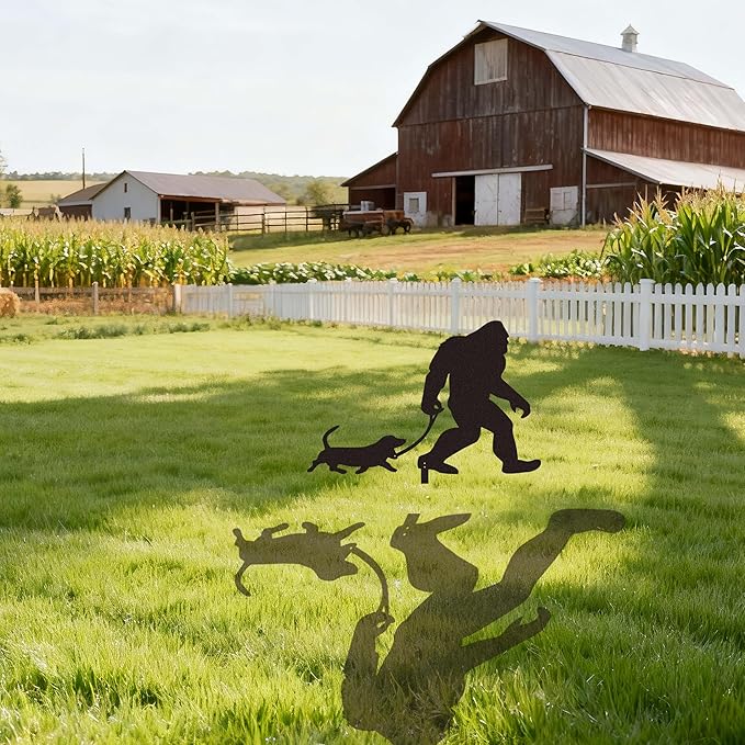 Bigfoot Garden Stake Laser Cut Metal Sasquatch Statue Walking Dachshund Dog on Leash Funny Yard Decor, Outdoor Metal Yard Art Silhouette, Sign for Garden & Lawn