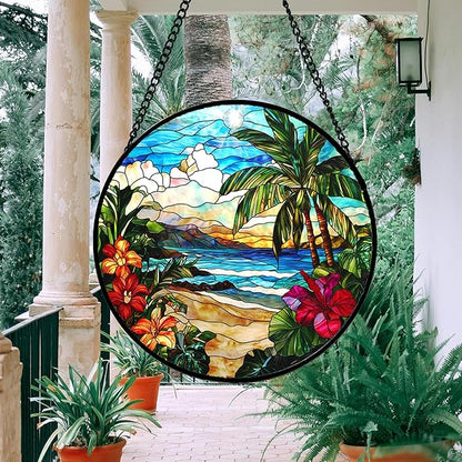 DASTOLL Stained Glass Window Hanging, Blue Beach Scenery Suncatcher Diamond Glass Panel Hangings Sun Catchers Decor for Birthday for Women, Men, Wife, Aunt, and Mom 14.9x14.9 in