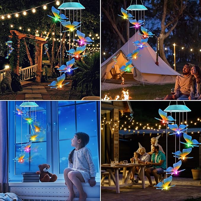 Solar Butterfly Gift for Mom Girls, Color Changing Christmas Wind Chimes for Outside, Solar Outdoor Decorative Mobile Lights for Garden, Yard, Patio, Window, Christmas Decorations, Gift for Women