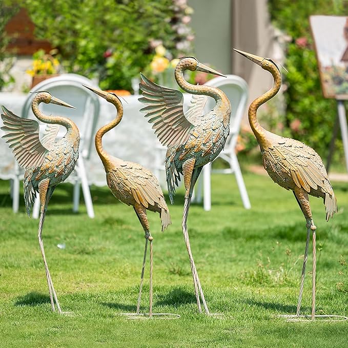 TERESA'S COLLECTIONS Garden Decor, Set of 2 Cranes Garden Decor, 25-26", Elegant Cranes with Golden Painting, Waterproof Metal Garden Statue, Herons Gifts Birthday Gifts for Women Mom