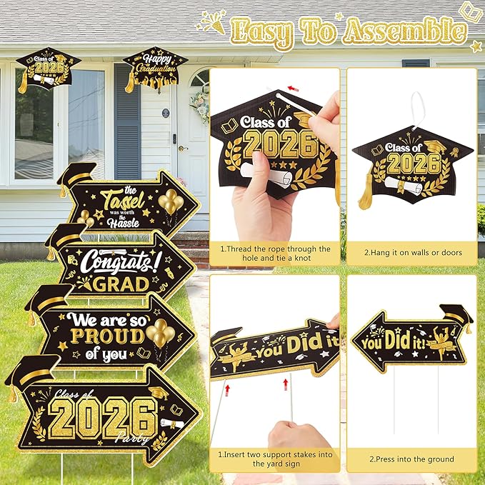 2026 Graduation This Way Yard Sign Arrow for Outdoor Pathway,Graduation Cap Hanging Yard Signs,Black Gold Directional Yard Signs with Stakes Ribbon,Grad Party Decor for College High School