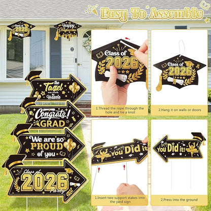 2026 Graduation This Way Yard Sign Arrow for Outdoor Pathway,Graduation Cap Hanging Yard Signs,Black Gold Directional Yard Signs with Stakes Ribbon,Grad Party Decor for College High School