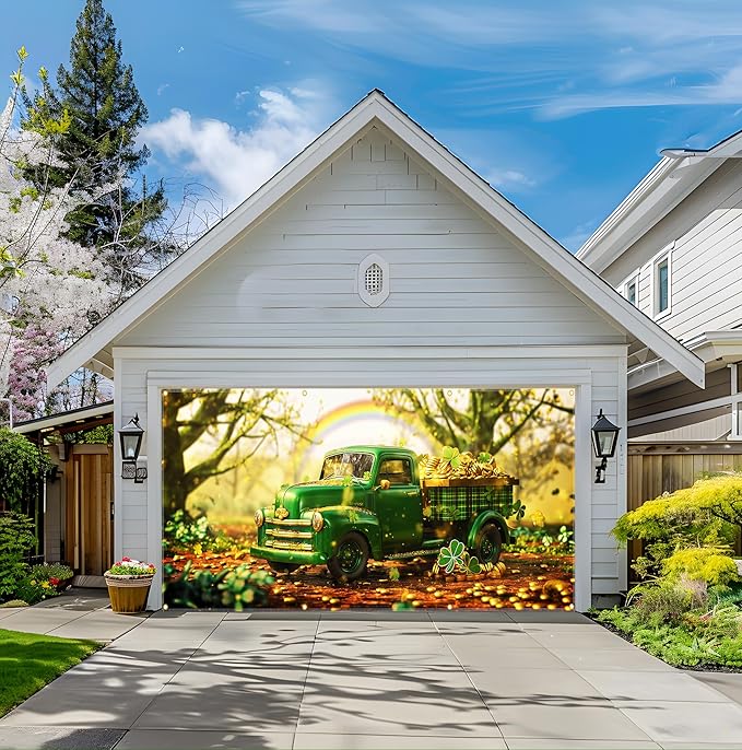 St Patricks Day Garage Door Banner 157.5x70.9in Large Garage Door Cover Outdoor Decorations Green Truck Shamrock Holiday Backdrop with 8 Grommets & 393.7in Rope