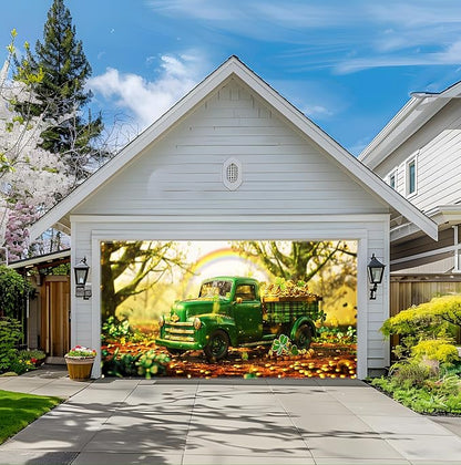 St Patricks Day Garage Door Banner 157.5x70.9in Large Garage Door Cover Outdoor Decorations Green Truck Shamrock Holiday Backdrop with 8 Grommets & 393.7in Rope