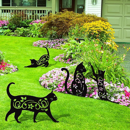 Elcoho 4 Pack Black Cat Silhouette Cute Metal Cat Garden Statues Bird Repellent Decorative Garden Stakes for Yard, Garden, Lawn Outdoor Decorations