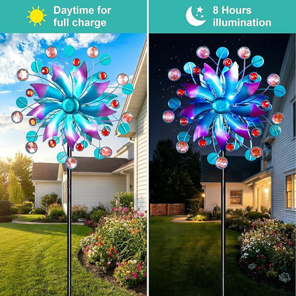 360°Solar Wind Spinner with Lights Blue Metal Garden Outdoor Decor Yard Lawn Art Decor for Patio Kinetic Windmills Unique Gifts for Friends and Family 60.63'' H x 13.38'' Dia