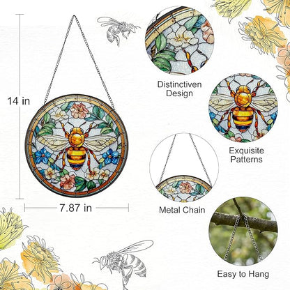 Stained Glass Window Hanging, Bee in Garden Flowers Sun Catcher, 7.87 InchHandmade Suncatcher for Window, Home Kitchen Decor, Gift for Gardeners, Bee Lovers, Birthday