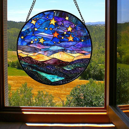 Stained Glass Window Hanging, Blue Sky Gold Stars Abstract Landscape Suncatcher for Doors Window Home Sun Catchers Decor Mother's Day Birthday Gifts for Women, Men Mom 15 in
