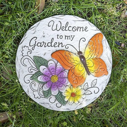 Garden Stepping Stones Outdoor Butterfly Step Stones for Walkway Gardening Gifts Welcome to My Garden Decorative Round Concrete Stones for Yard Outside Stone