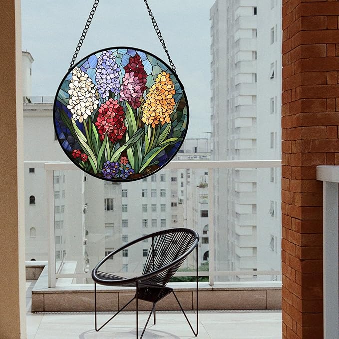 DASTOLL Stained Glass Window Hanging, Colorful Hyacinth Flowers Suncatcher for Doors Window Home Plant Sun Catchers Decoration Mother's Day Birthday Gifts for Women, Men, and Mom 9.8x9.8 in