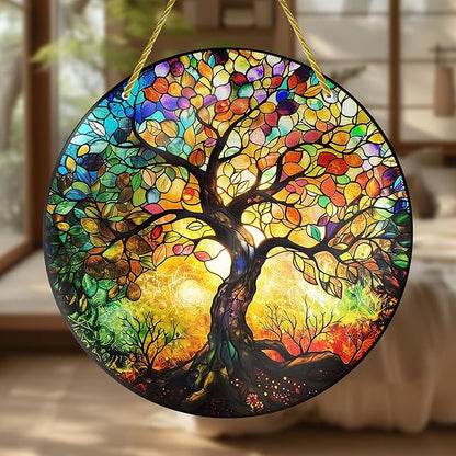 Tree of Life Stained Window Hangings with Chain – Decorative Acrylic Ornament for Windows, Walls, Doors and Gardens, Suitable for Birthday, Mother's Day and Housewarming Gifts